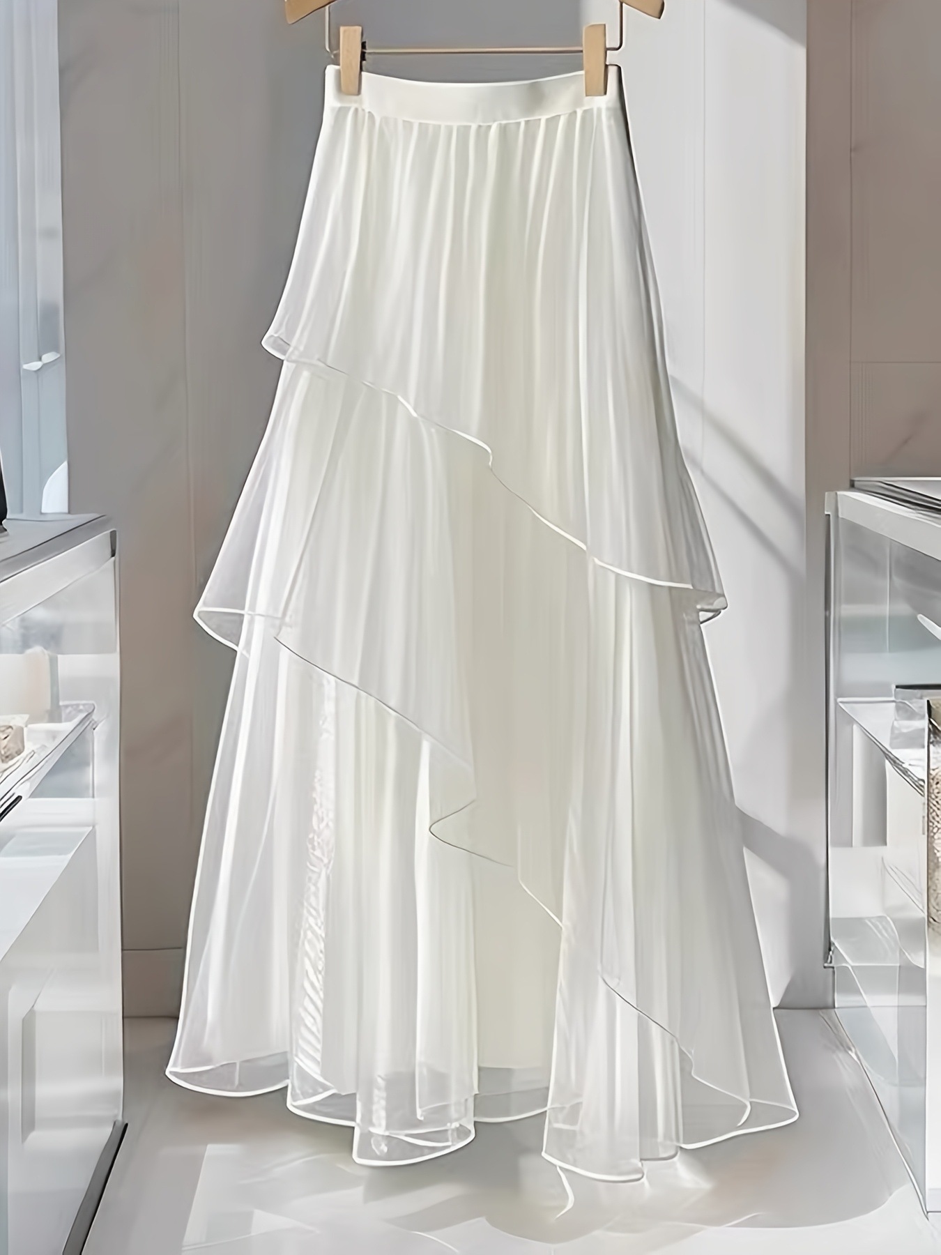 Bright White Fairy Skirt for Girls, Irregular Mesh Splicing, High-End, Fashionable Mid-Length Skirt with Layered Feel