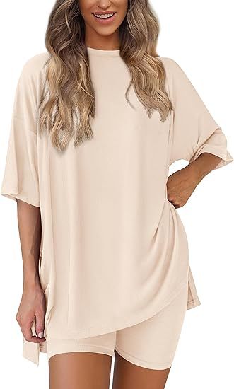Picture of Cross-border foreign trade Amazon 2025 new women's casual round neck split loose shorts short sleeve home clothes suit