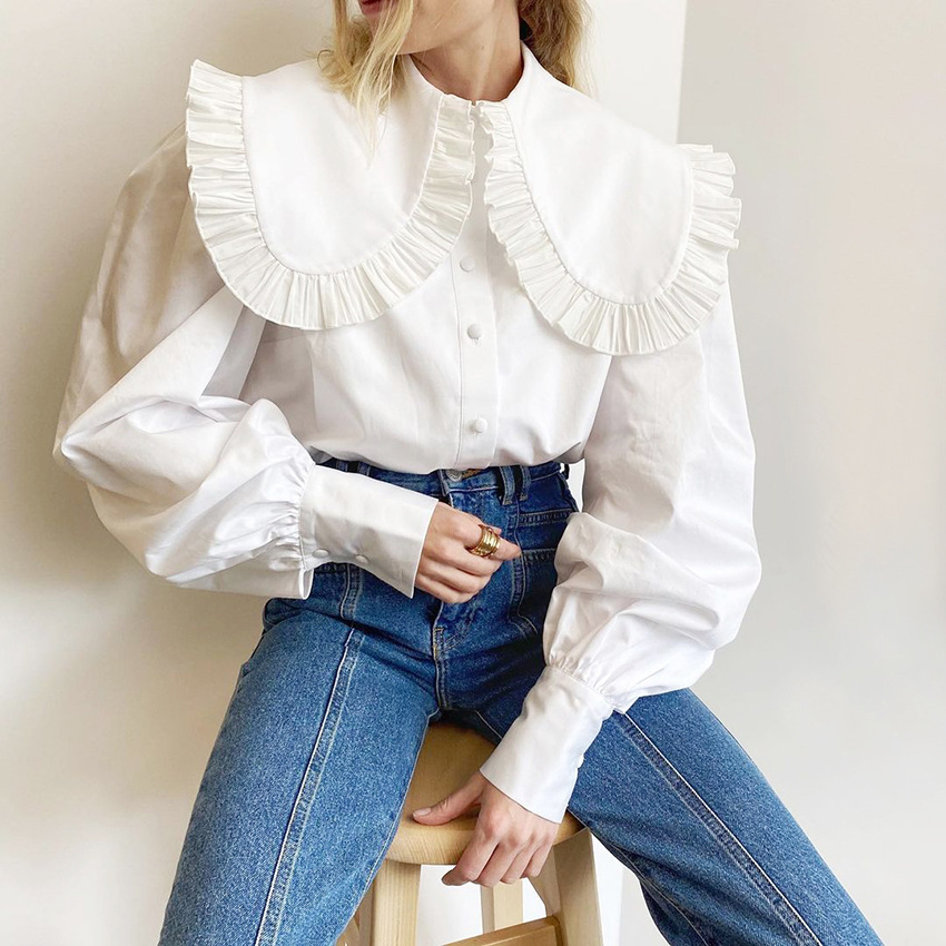 Picture of European and American Fashionable Sweet White Doll Collar Shirt 2024 Design Loose Women's Pure Cotton Cardigan Long-Sleeved Top