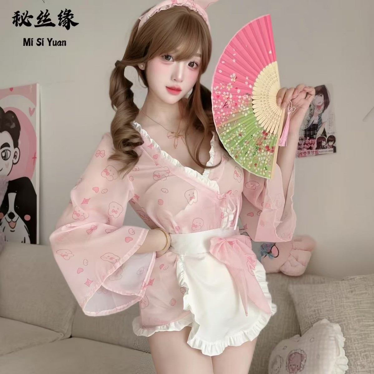 Secret Silk Yuen Sexy Lingerie Aesthetic Japanese Print Kimono Cheongsam Women's Spring Maid Pure Desire Nightgown Dress Set