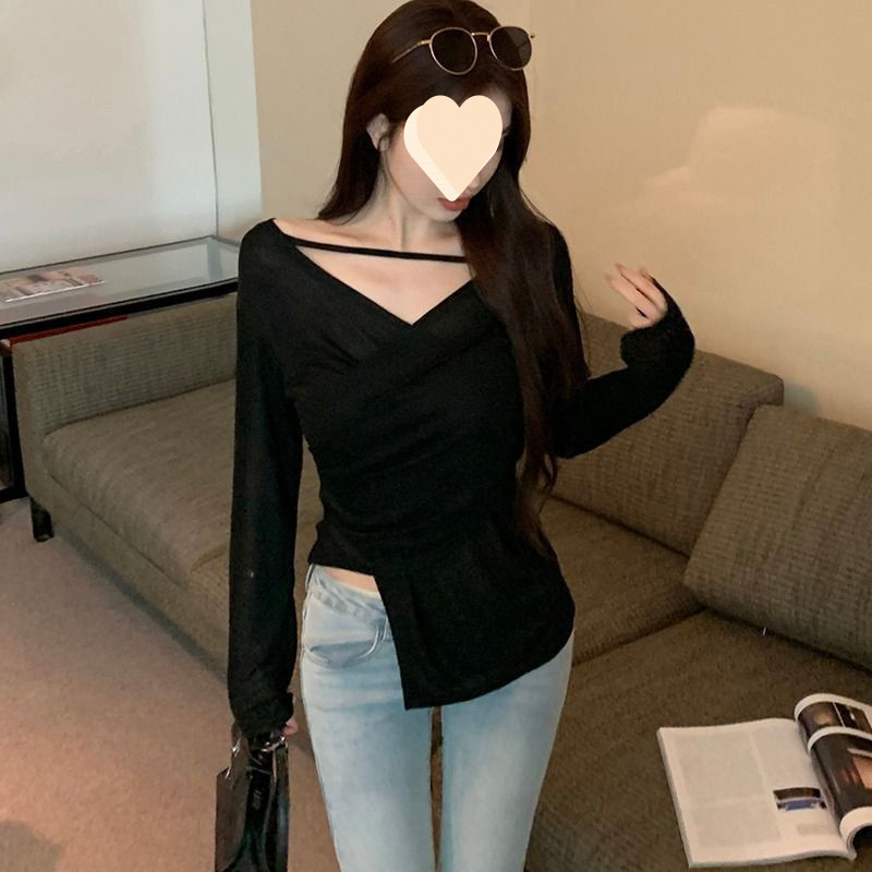 Picture of Designed Asymmetrical Cross V-Neck Long-Sleeved T-Shirt for Women in Spring & Fall Thin Unique Slim-Fitting Sexy Waist Slimming Look Top