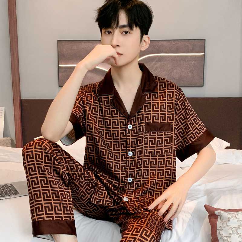 Satin Spring and Autumn Men's Pajamas Ice Silk Thin Short-sleeved Trousers 2023 New Summer Two-piece Suit Home Clothes