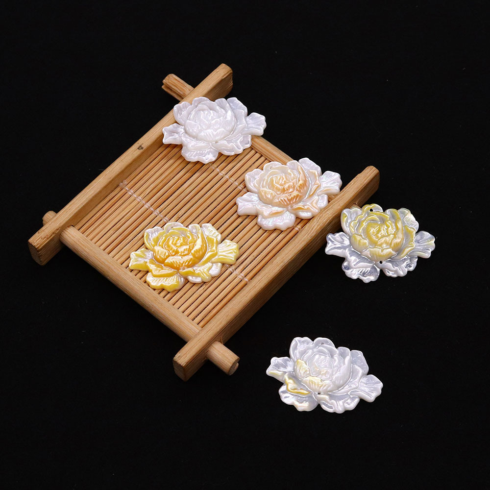 Picture of Natural seawater shell lotus shape beads 23x 33mm white butterfly shell yellow shell stereo double hole pendant DIY jewelry