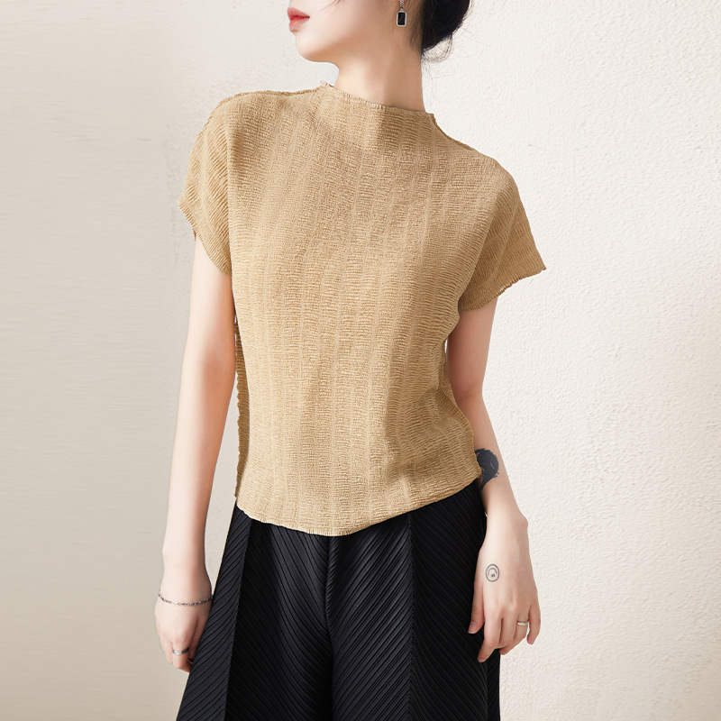 Imported from Japan, Wrinkled, Easy to Care For, Light and Breathable Elastic Short-Sleeved Tops, Pure Color, Simple and Versatile Pullover Shirts