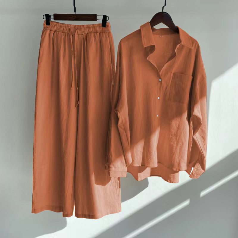Picture of Cross-border Amazon Women's 2-piece Vintage Plus Size 2022 Cotton and Linen Shirt suit High Waist Loose Trousers