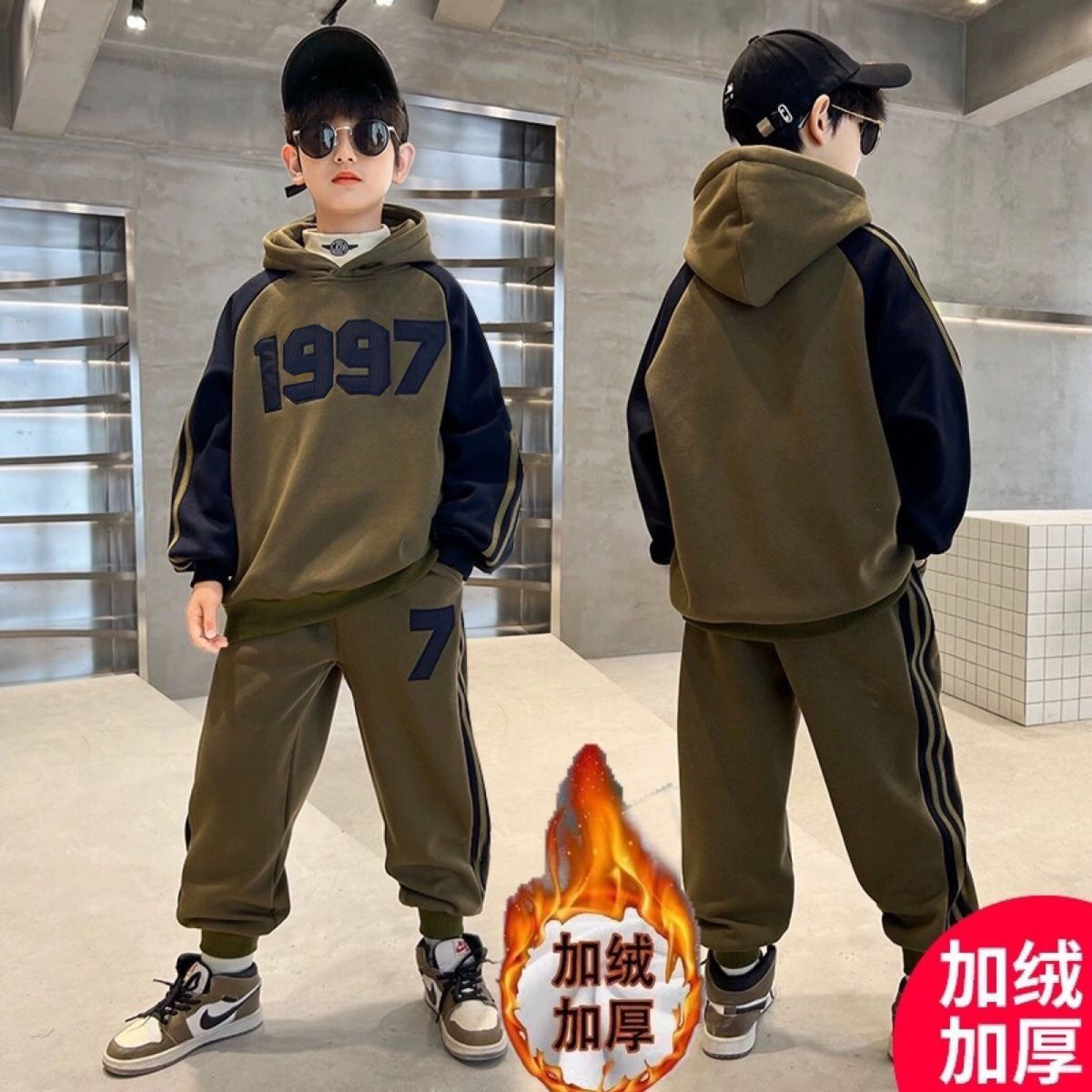 Autumn and Winter Children's fleece-lined Thickened Sports suit Middle and Big Children's Fashion Trendy Hoodie Sweat Pants Casual Two-piece Set
