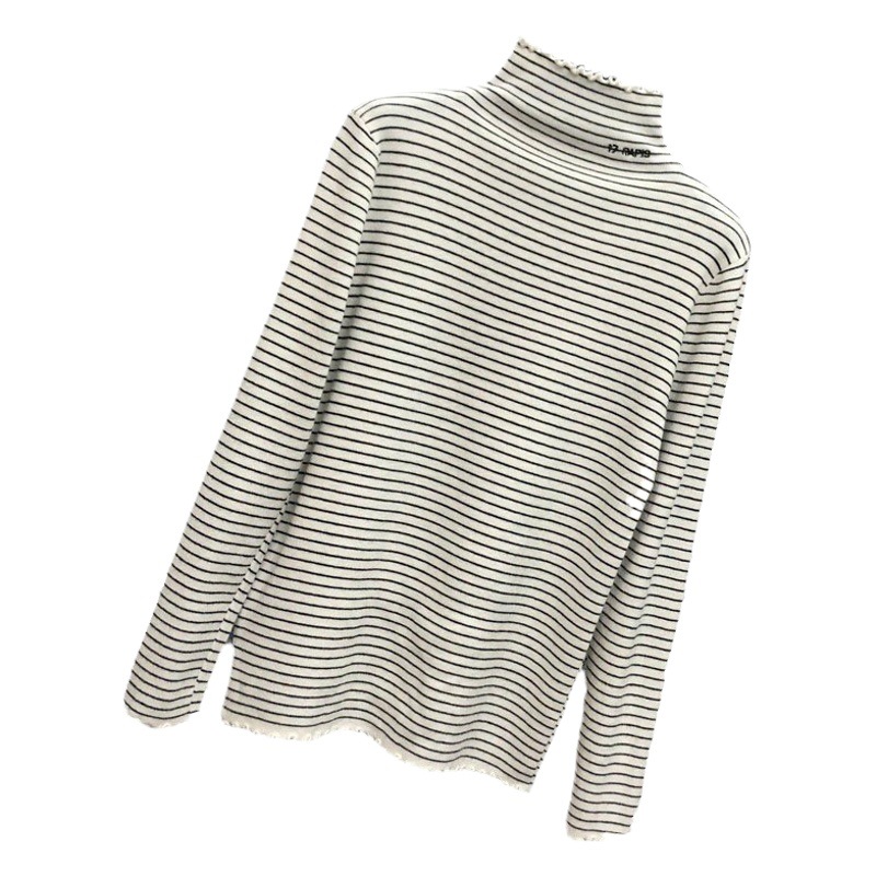 De velvet half turtleneck striped long sleeve inner T-shirt bottoming shirt women's autumn and winter wooden ear simple slim top wholesale