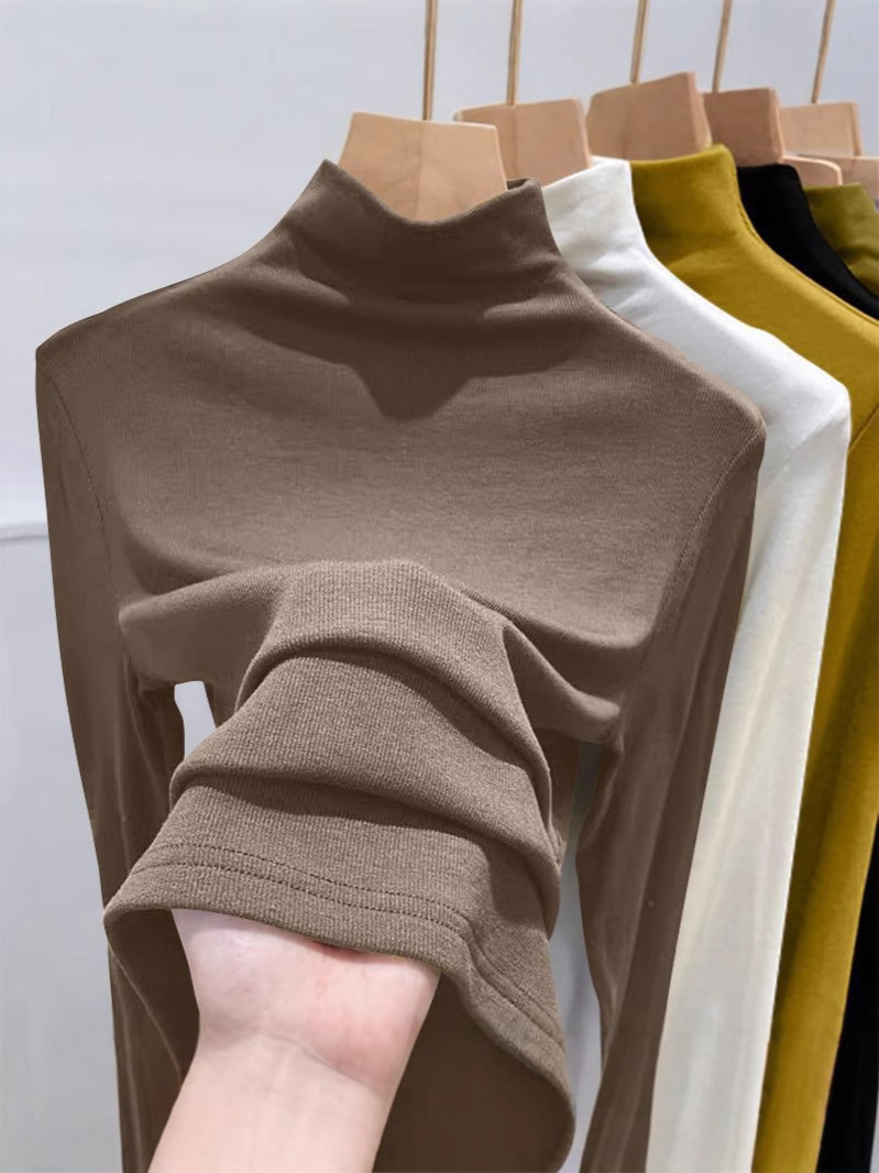 180g Threaded Semi-high Collar Base Shirt Women's New Spring Autumn and Winter Fashion Long Sleeve T-shirt Slim Fit Velvet Inner Top