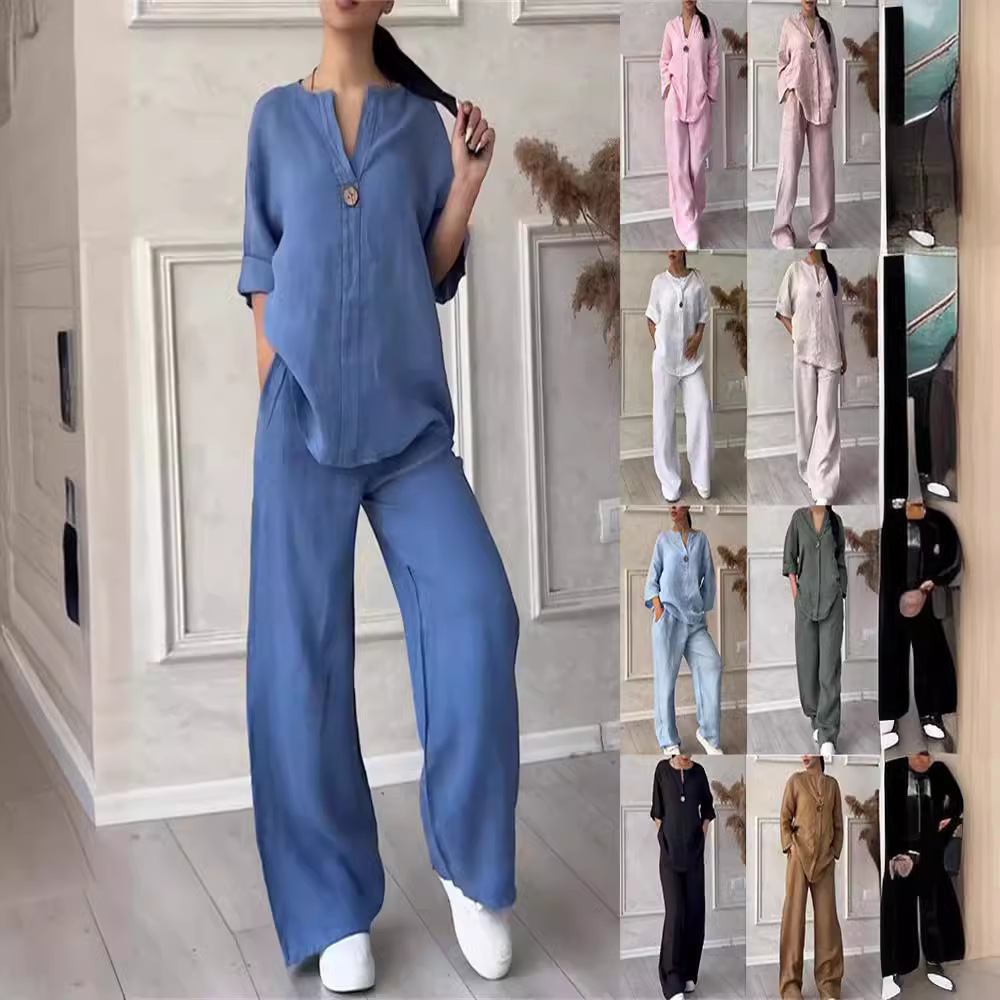 Amazon 2025 Europe and the United States cross-border new women's independent station AliExpress fashion solid color cotton casual suit pants