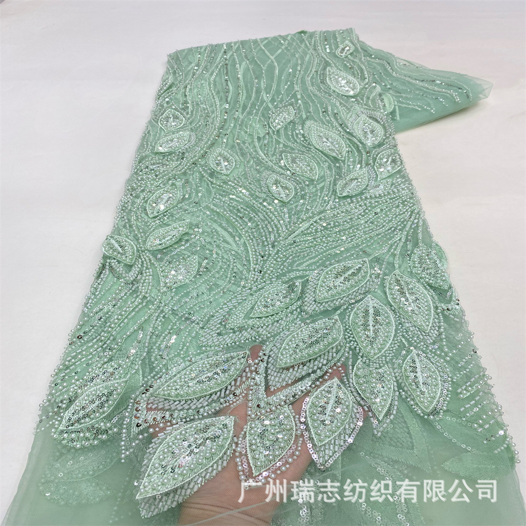 New shiny three-dimensional leaves with pearls embellished mesh fabric wedding dress children's performance wear fabric lace