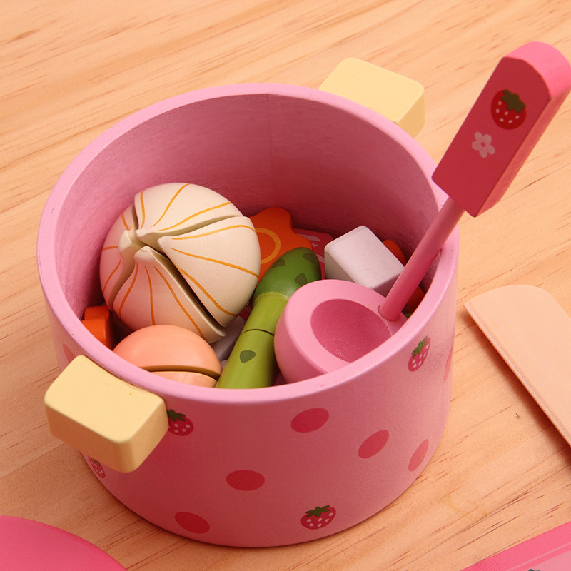 Picture of Wooden Pretend Play Vegetable Hot Pot with Cutting Board and Kitchen Utensils Set for Children