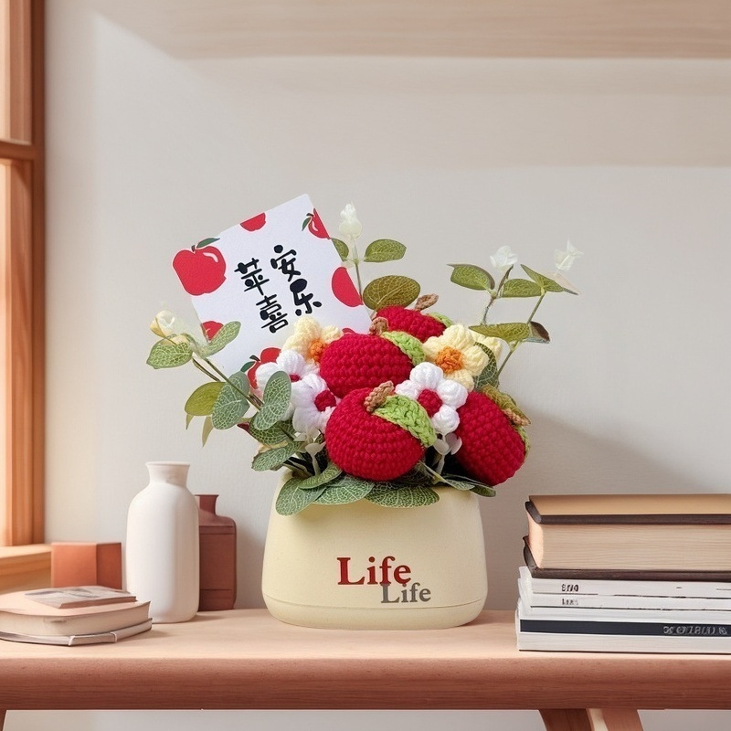 Picture of Creative bouquet knitted flowers diy material hand-woven potted finished desktop ornaments send goddess send mother