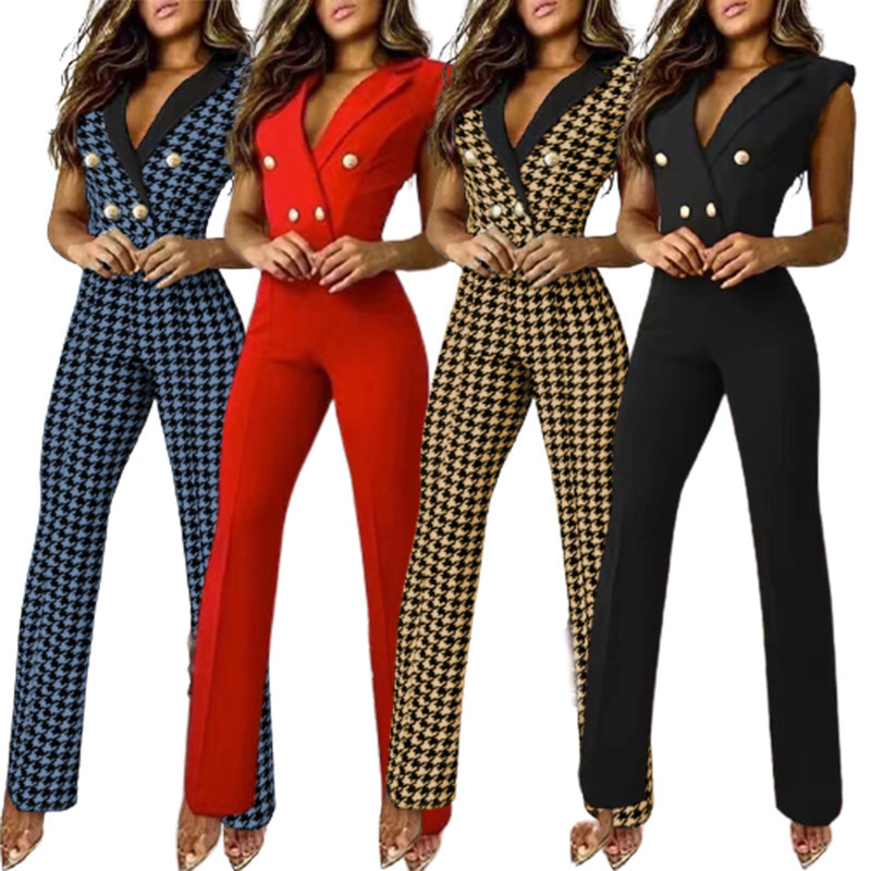 European and American women's clothing for spring and summer Amazon color matching twist button V-neck sleeveless houndstooth jumpsuit for business women