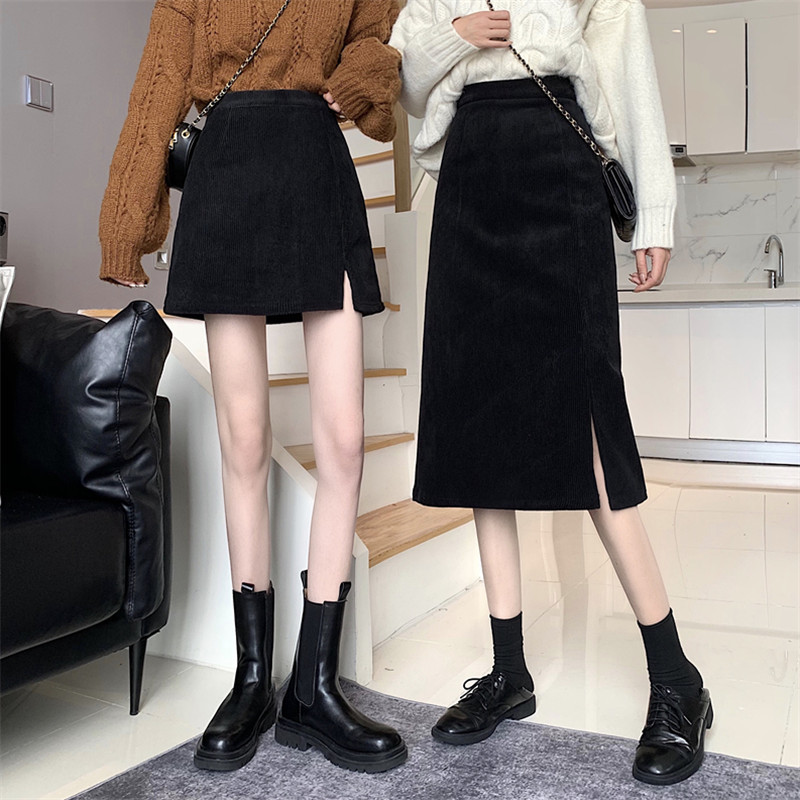 Autumn and Winter Split A- shaped Skirt 2021 New Style Western Style High Waist Slimming Corduroy Solid Color All-match Hip Skirt