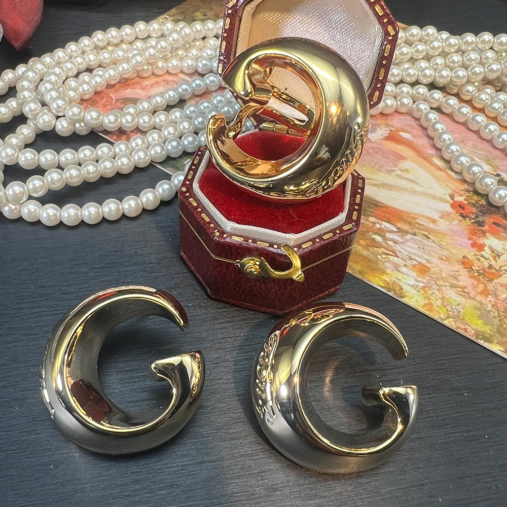24K Small Double G Letter Brass Retro Earrings Ring Fashion Simple Sweet Cool Marking High Version Earrings Ring