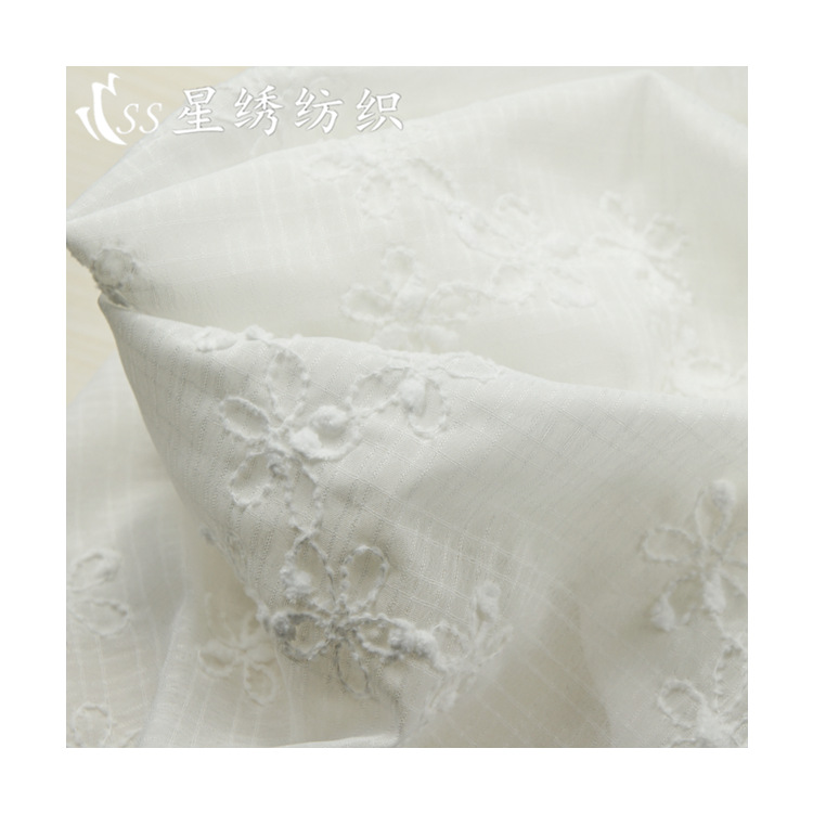 Picture of Hot-Selling Plaid Chiffon Embroidered Fabric with Small Pom-Poms, Five-Petal Flower Embroidery, Skin-Friendly Chiffon Long Dress, Sun Protection Clothing Fabric