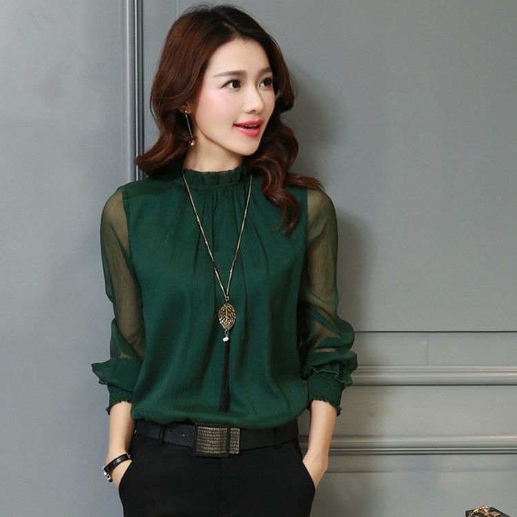 Spring New Chiffon Shirt Small Collar Sexy Large Size All-match Fashion Mesh Ruffled Base Shirt Top