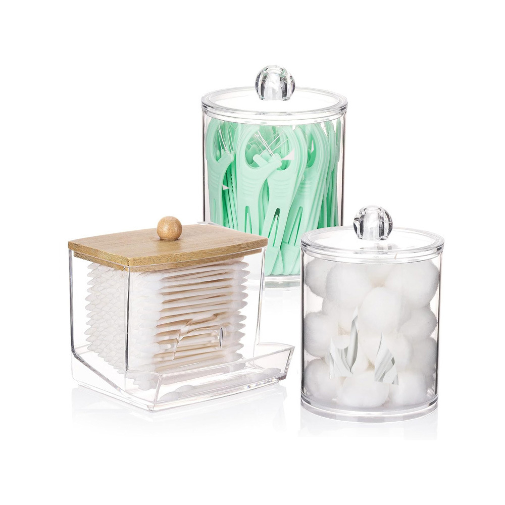 In-Stock Transparent Cotton Swab Box with Bamboo Lid, Ps Round and Long Combination Makeup Cotton Storage Box, Always in Stock, Available for Labeling