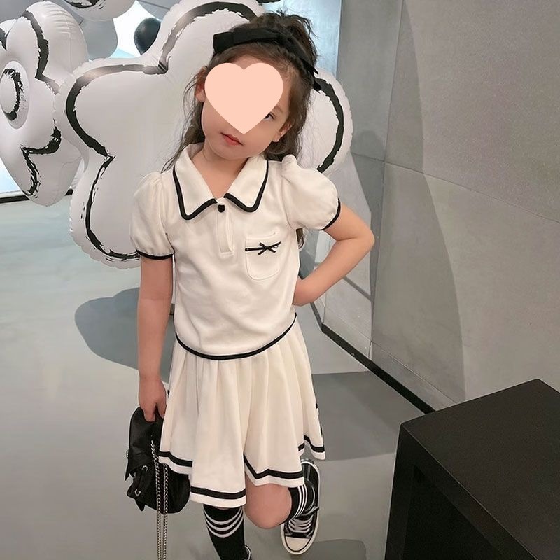 Internet Celebrous Girls College Style Solid Color Dress Suit Big Children Summer New Lapel Short-sleeved Casual Skirt Two-piece Set