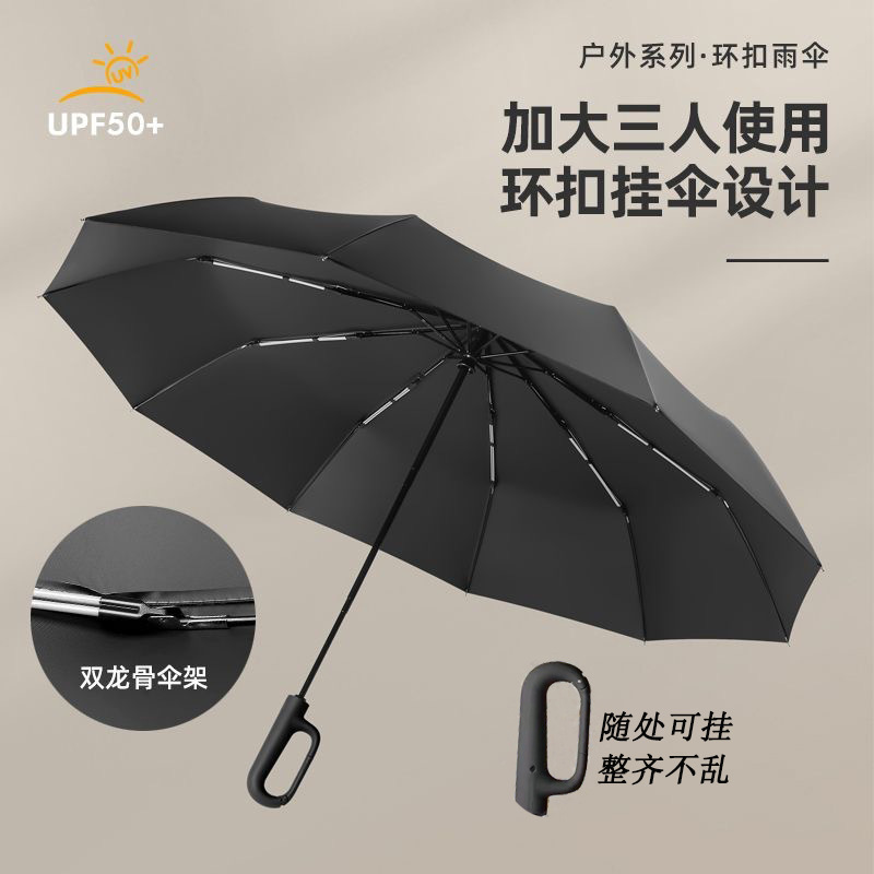 Picture of 27 Inch Buckle Umbrella Automatic Large Black Rubber Sunny Umbrella Unisex Dual-Use Hook Folding Sunscreen Business Advertising Umbrella