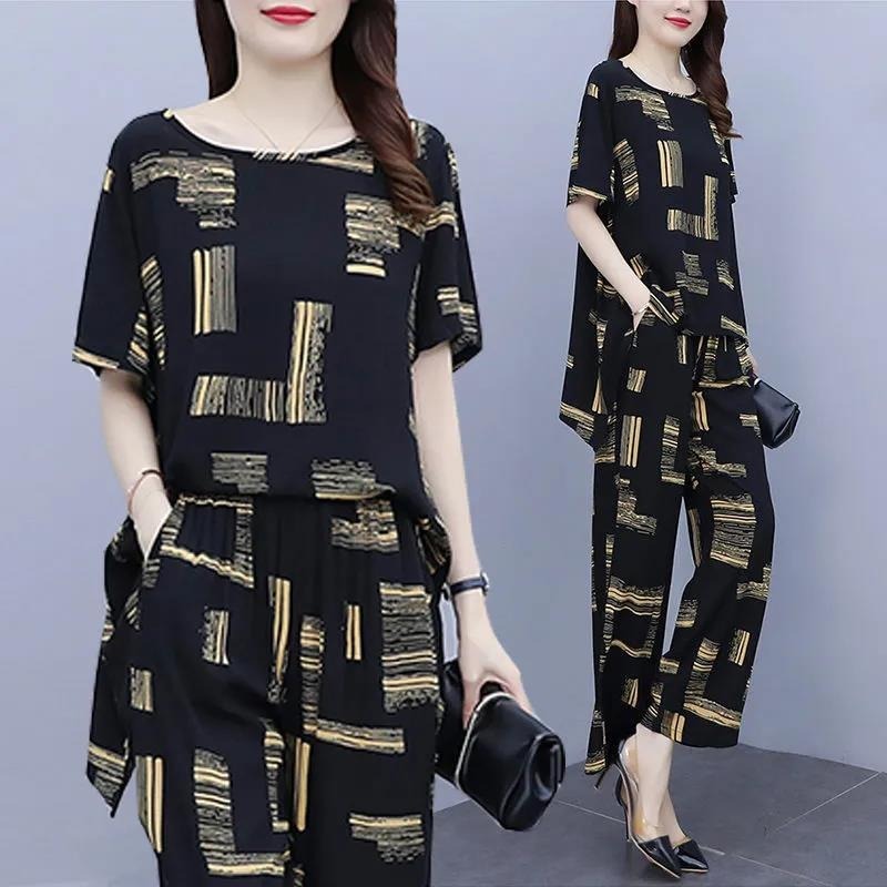 Women's plus size Women's Summer suit Western Style New Casual Fashion Age-reducing Slimming Wide-leg Pants Two-piece Set