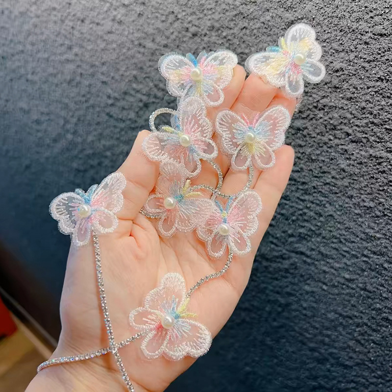 Picture of Little girl's new ancient style handmade butterfly pearl chain braided hairpin princess fairy head flower bead hair band headdress