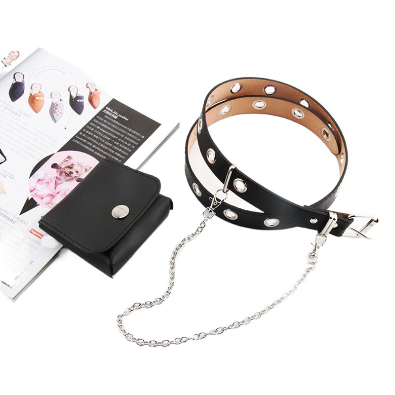 Popular Punk Style Single Row Eyelet Hollow Belt Hanging Chain Versatile Pin Buckle Belt Factory Ready Stock Wholesale