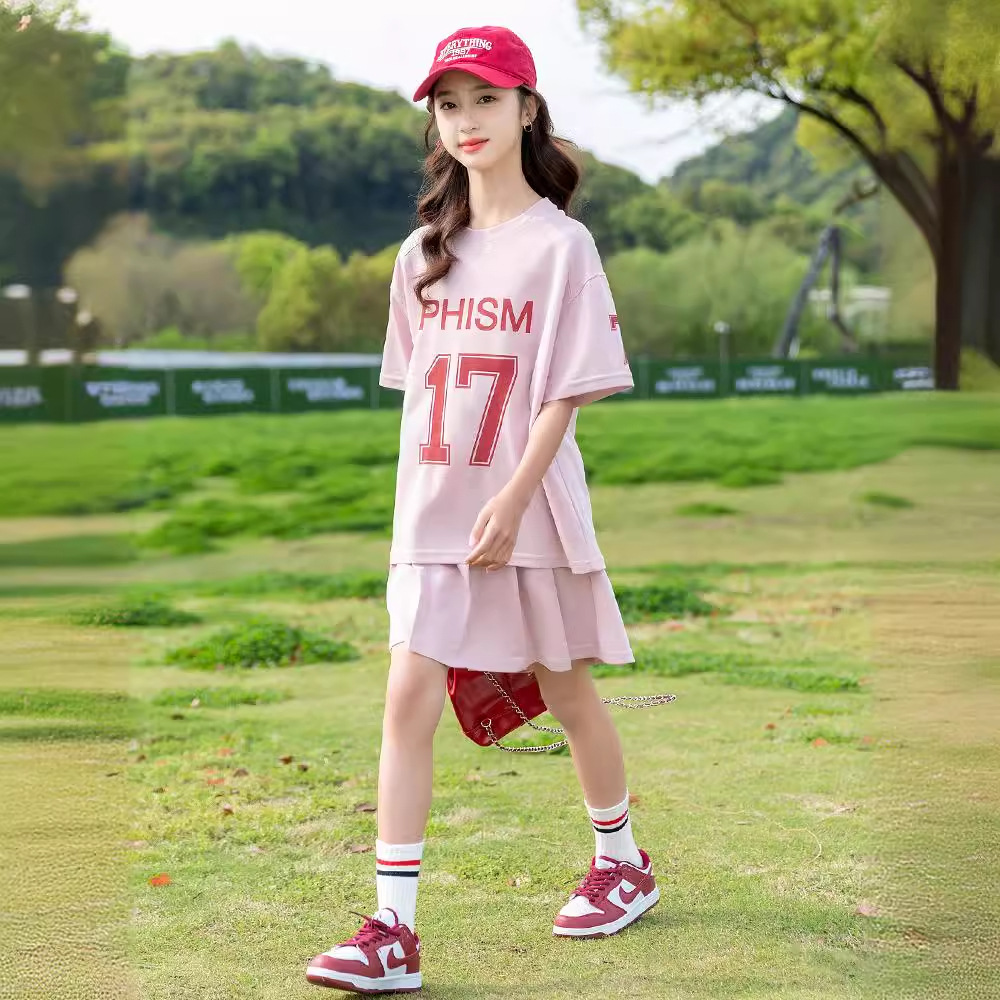 Picture of Girl's Sports suit 2024 New Summer Dress Big Boy Girl's Summer Western Style Korean Short Sleeve Pleated Skirt Two-piece Set