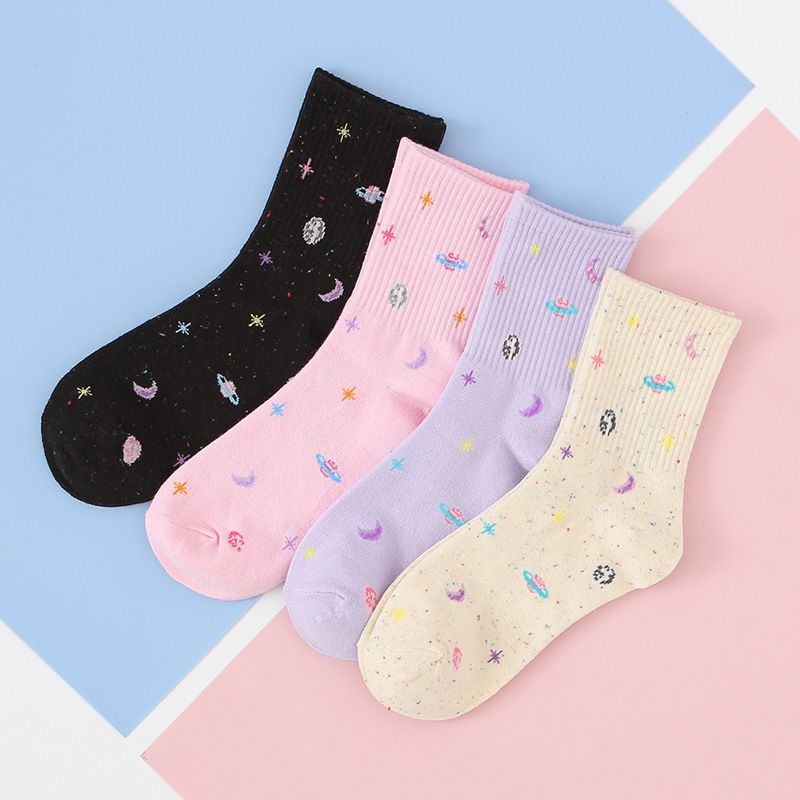 Socks Women's Autumn and Winter New Japanese Style Cartoon Planet Moon Women's Mid-Socks Sweet Casual All-match Women's Fashionable Socks