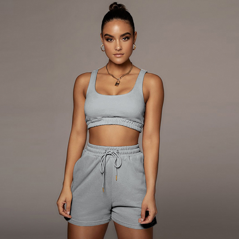 Picture of 2024 European and American Amazon cross-border summer women's solid color double-layer vest shorts sports navel suit