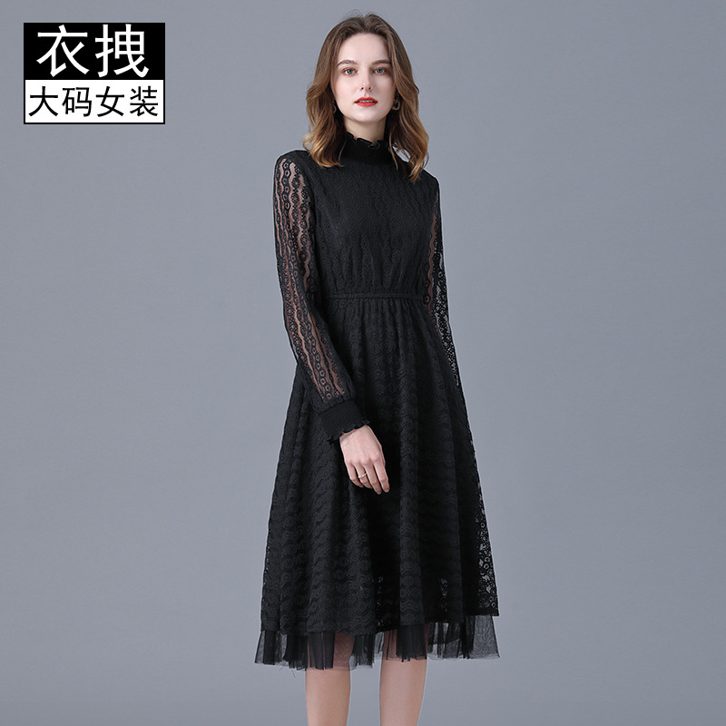 European and American plus size brand small black dress 2022spring and autumn new style fat sister long sleeve lace casual dress