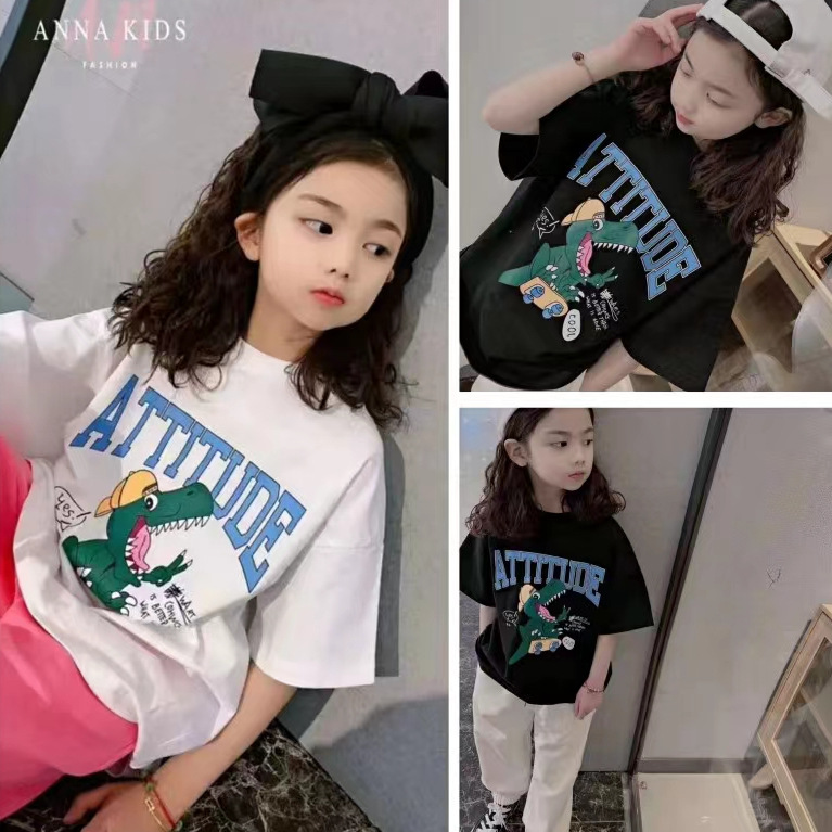 Korean Children's Wear Boys and Girls Pure Cotton T-shirt 2023 Summer New Korean Style Girl's BF Style Mid-length Short-sleeve Dress Trendy