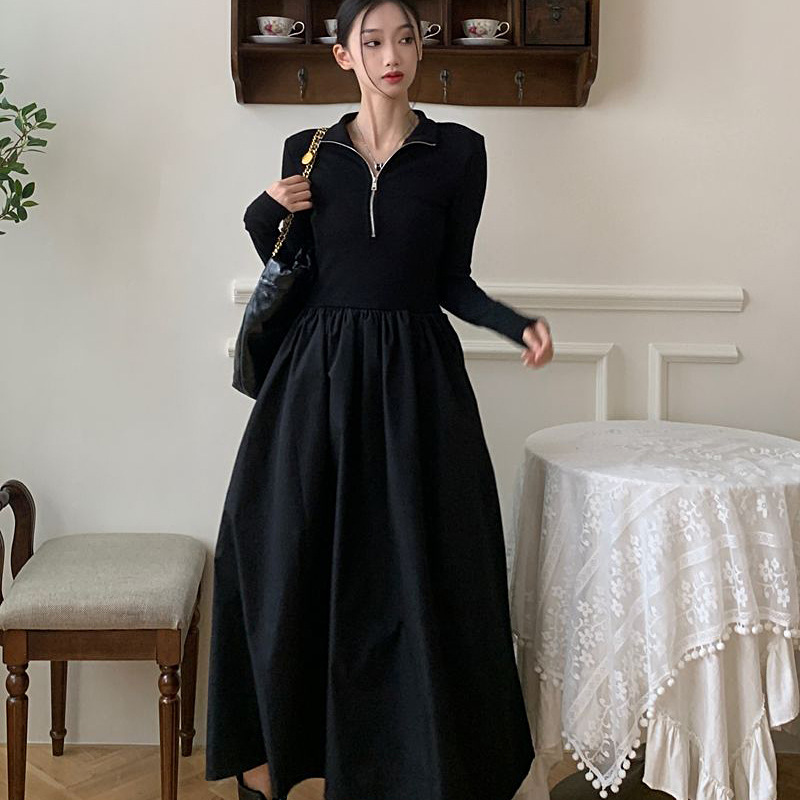 Chic design stunning black skirt autumn and winter versatile high waist slimming half zipper slim temperament dress