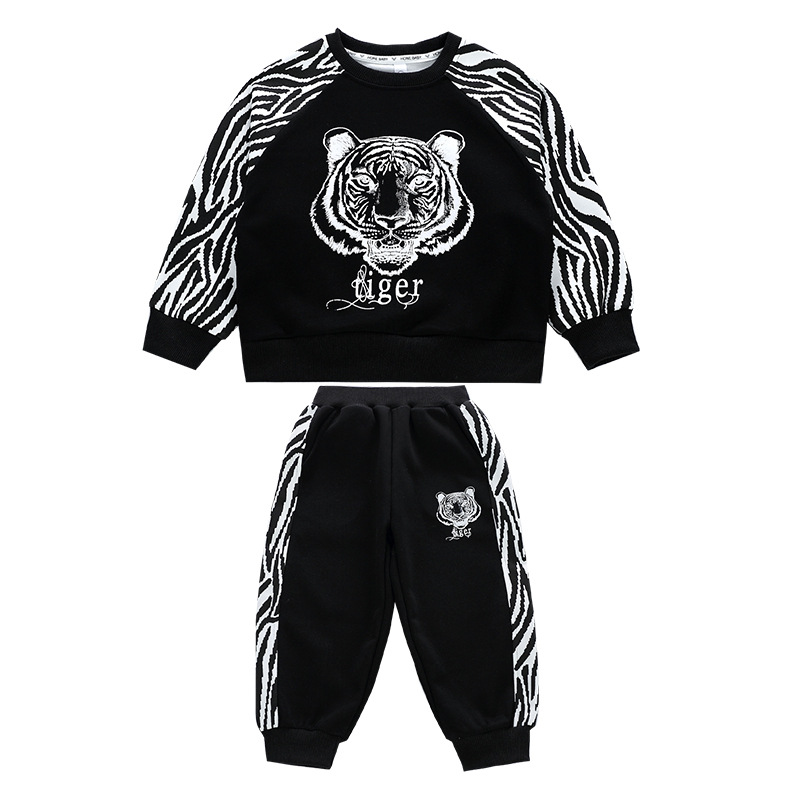 Picture of Boys' winter clothes fleece-lined thickened suit 2023 new children's fashionable stitching round neck sweater sweatpants two-piece set
