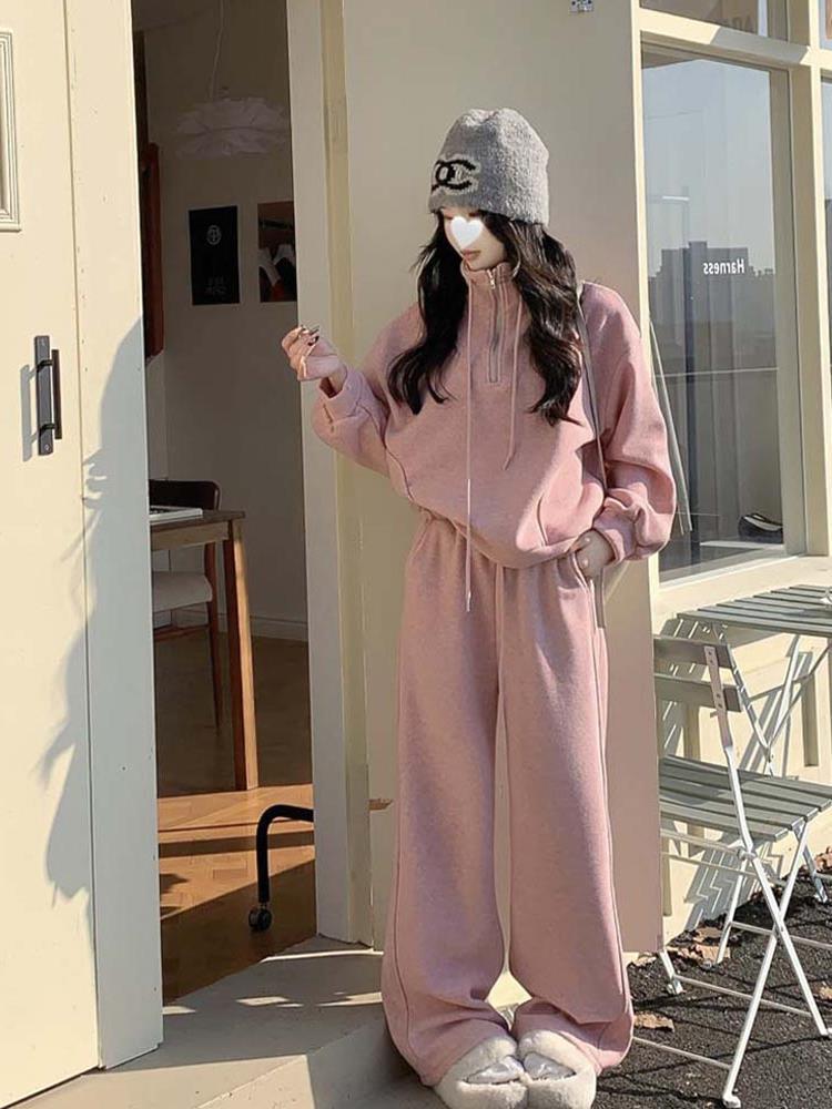 Korean Style Casual Lazy Style suit Women's Spring and Autumn Thickened Loose Coat High Waist Wide Leg Pants Two-piece Set