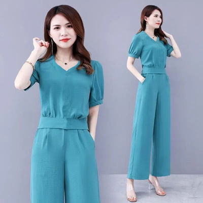 Picture of Popular Set Women's Summer 2022 New Fashion Professional Foreign Temperament Age-reducing Goddess Fan Belly-covered Two-piece Wide-leg Pants