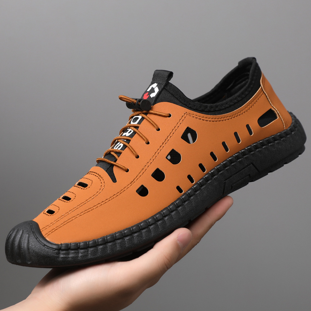Men's Sandals Hole Shoes Soft Leather Summer Leather Surface Soft Sole Non-slip Outer Wear Closed Toe Breathable Hollow Casual Leather Shoes