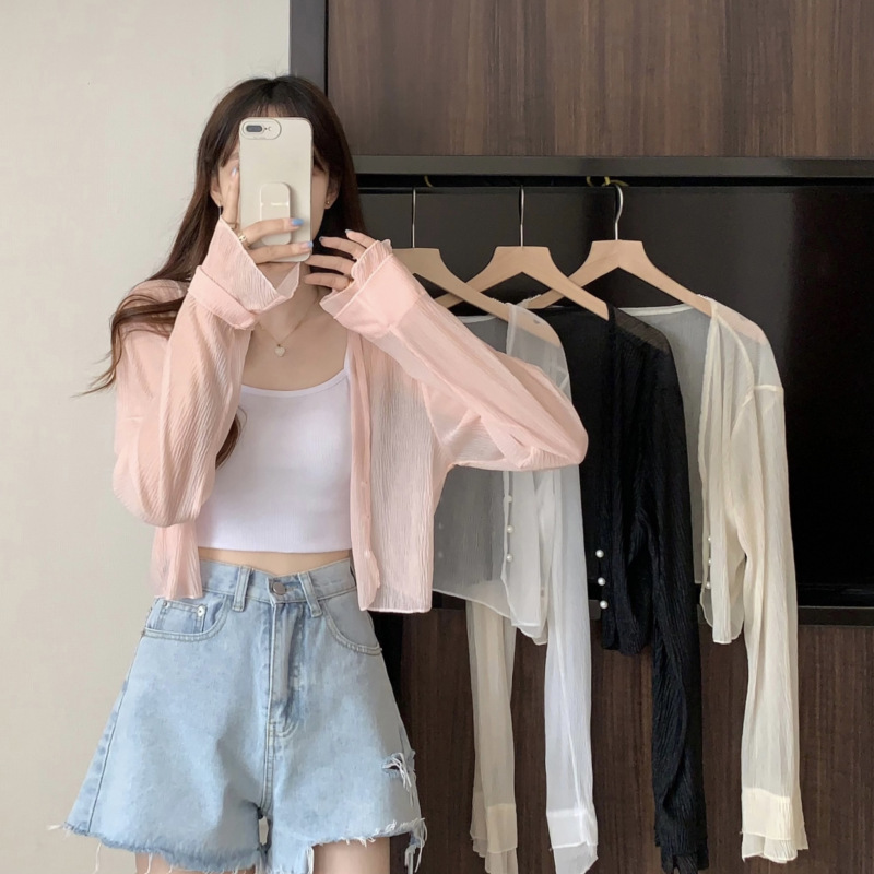 Summer Sunscreen Long-sleeved Ice Silk Cardigan Thin Chiffon Shirt Sling Outer Blouse Air-conditioning Shirt Shawl Top Women