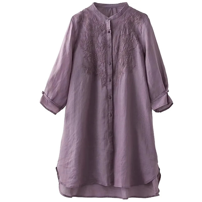 Picture of Women's Retro Embroidered Cotton and Linen Cardigan Long 2024 Summer Elegant Sun Protection Clothing Air-conditioning Shirt Casual Style Jacket