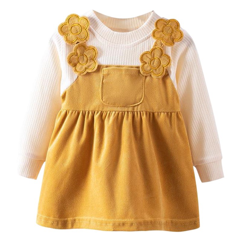 Autumn Korean Style Infant and Toddler Girls' Clothing Solid Color Round Neck Four-Flower Cotton Long-Sleeved Dress Kidsren's Skirt Little Girl