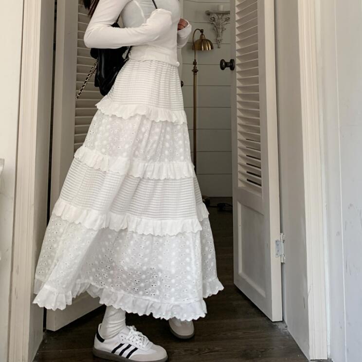 Kumikumi Gentle Style Cut Out Crochet Skirt Women's Spring High Waist A-Line Cake Skirt Long Skirt White Skirt