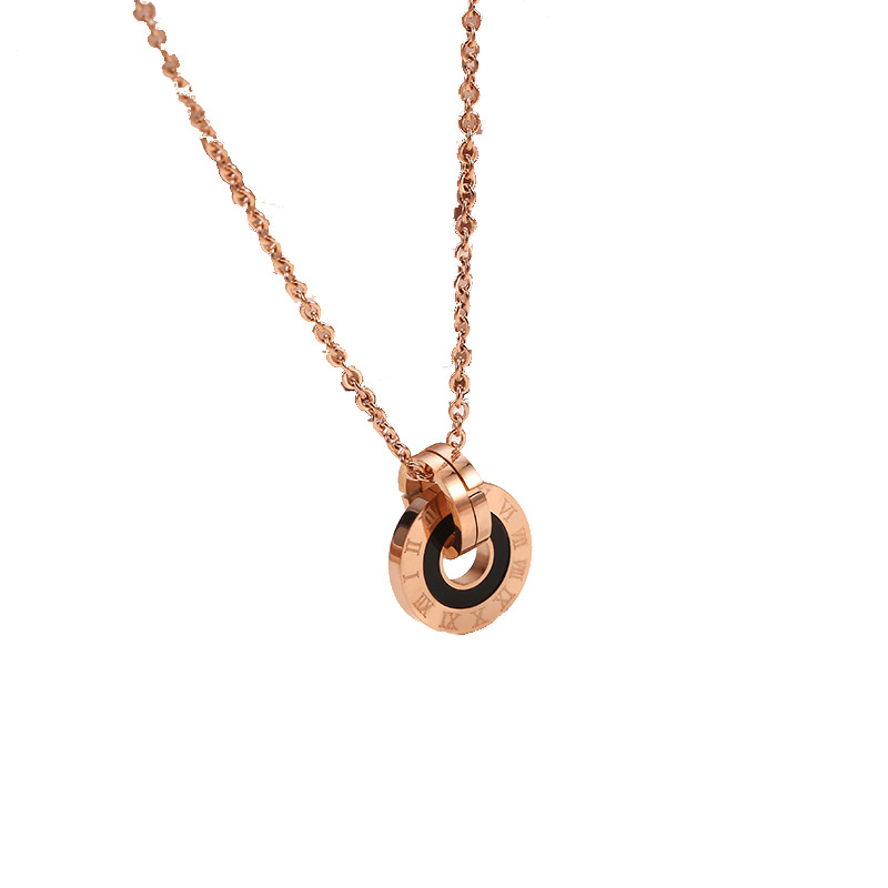 Picture of European and American Hot Double Ring Roman Numeral Ring Pendant Stainless Steel Rose Gold Couple Necklace Simple Elegant Trendy Jewelry