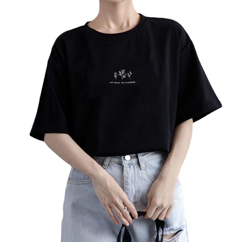 Picture of Short-sleeved Korean-style Round Neck T-shirt Women's Summer Loose Plant-printed Casual Solid Color Hot Student's Half-sleeved Top
