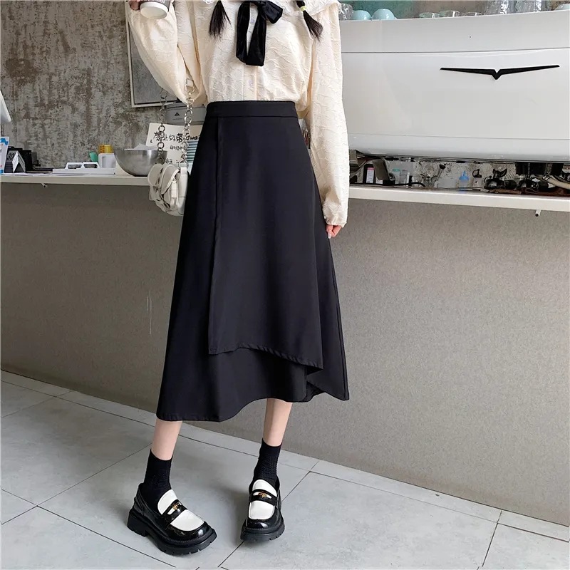 2023 Autumn and Winter plus size chubby girl Mid-length Skirt Women's High Waist All-match Hip Covering A- line Skirt Black Hip Skirt