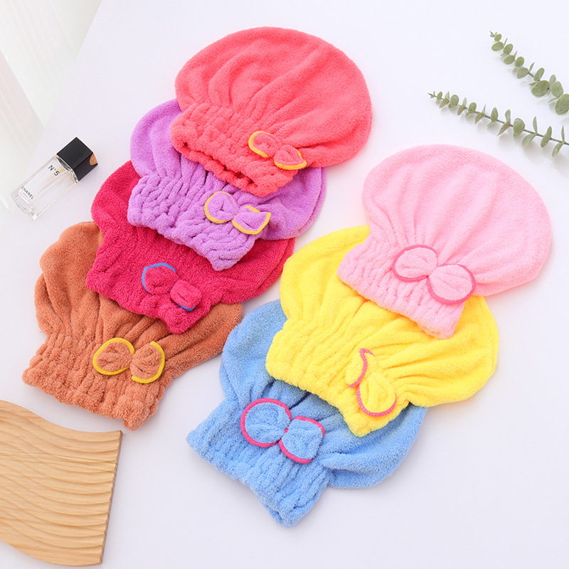 Picture of Coral Velvet Dry Hair Cap with Bow for Women, Thickeneded Shampoo Bag, Absorbent Princess Hat, Hair Factory Wholesale, Fast Water Absorption