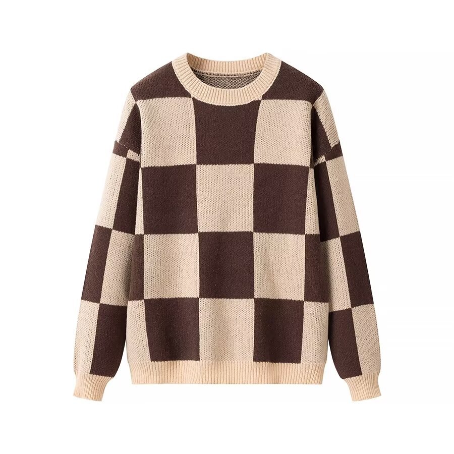 Europe and the United States Amazon cross-border wholesale 2024 winter new check printed round neck loose knitted sweater pullover