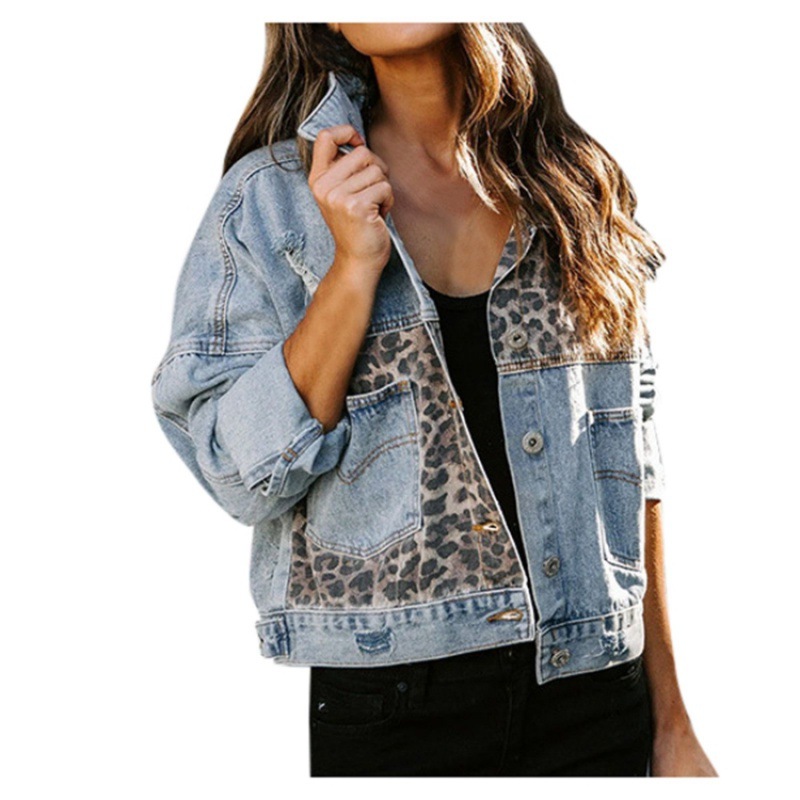 Picture of Cross-Border Autumn and Winter Amazon Denim Jacket Women's Long-Sleeved Independent Station European and American Denim Jacket Women's Leopard Print Splicing