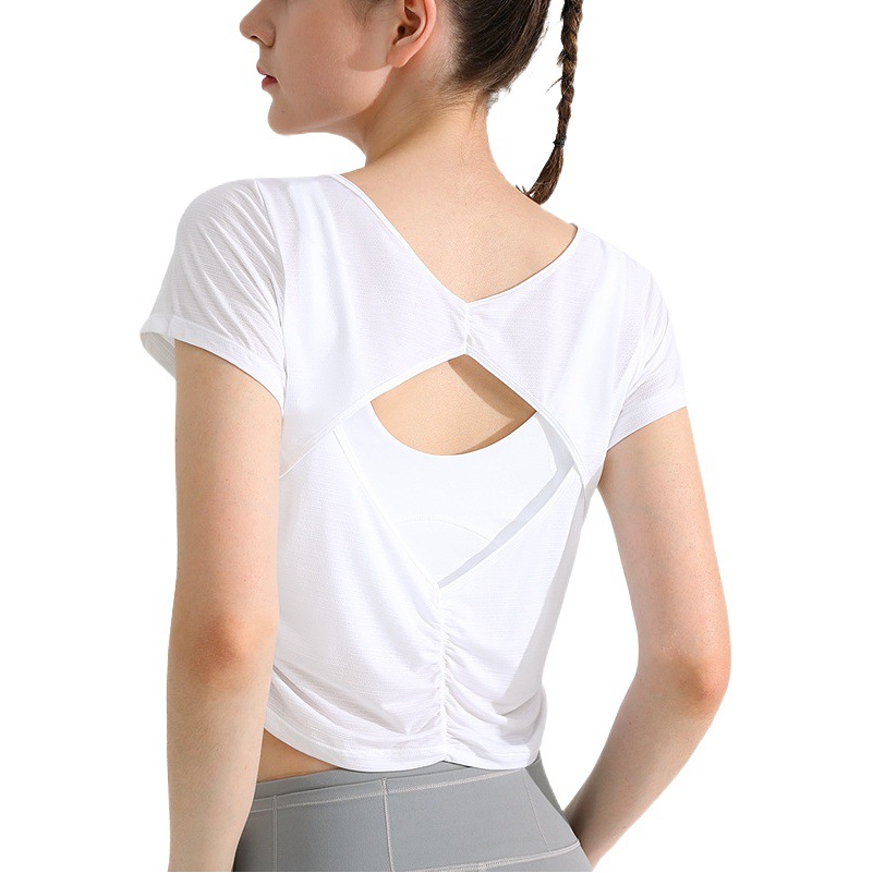 Picture of Cool Yoga Wear Short-Sleeved Women's Quick-Drying Breathable Beautiful Back T-Shirt Running Training Fitness Top Casual Sports Cover-Up