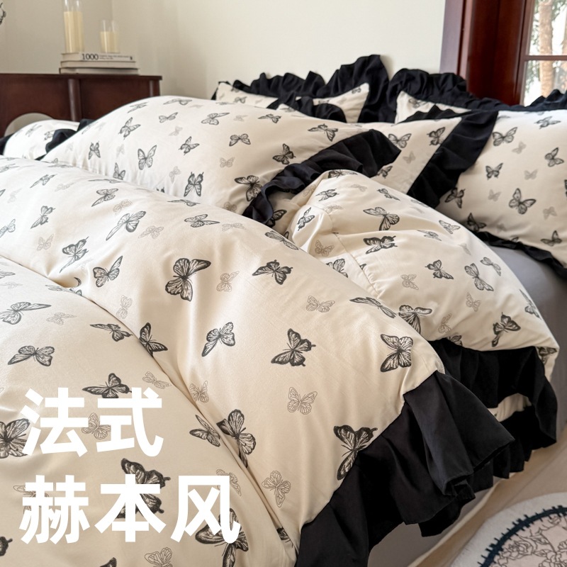 2025 New Type a Hepburn Style Pure Washed Cotton Lace Four-Piece Princess Style Three- and Four-Piece Set Single Quilt Cover and Fitted Sheet