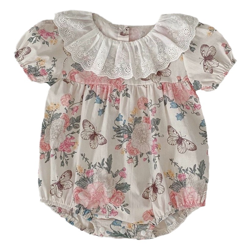 2025 Infant Summer Sweet Floral Harness Baby Girl Lace Collar Short Sleeve Bag Fart Clothes Girls Sisters Suit